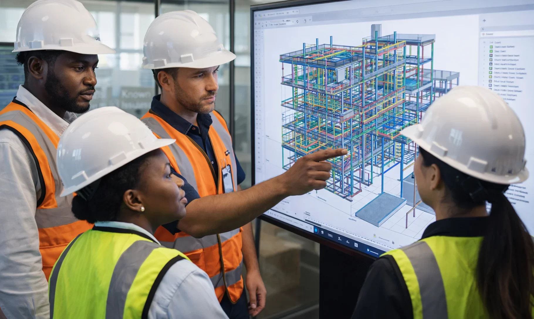 Civil and structural engineers from Horizon Engineering and Services reviewing a detailed BIM model of a multi storey building for coordinated infrastructure design in Lualaba Province, DR Congo.