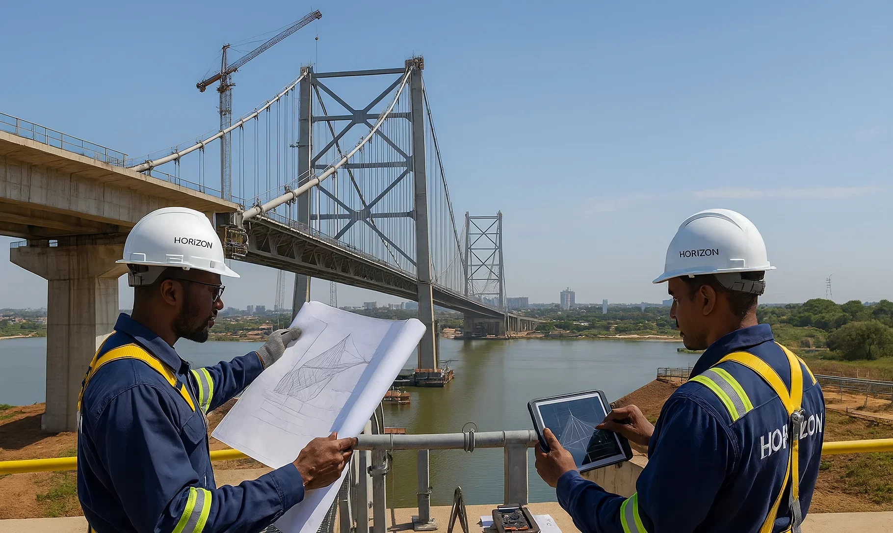 Engineers from Horizon Engineering reviewing structural drawings on a tablet, with a modern bridge under construction, featuring concrete beams, steel cables, and river crossing in the background
