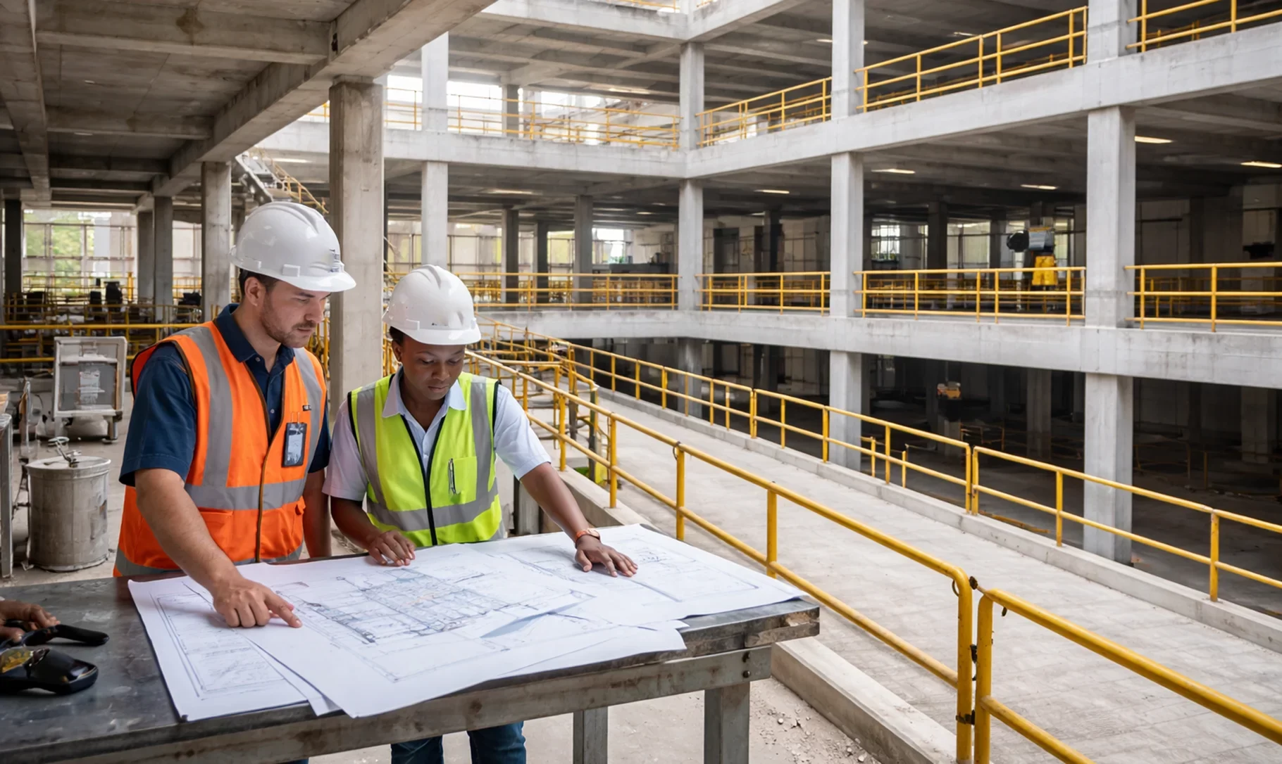 Civil and structural engineers from Horizon Engineering and Services reviewing construction drawings inside a multi level concrete building under construction in DR Congo.