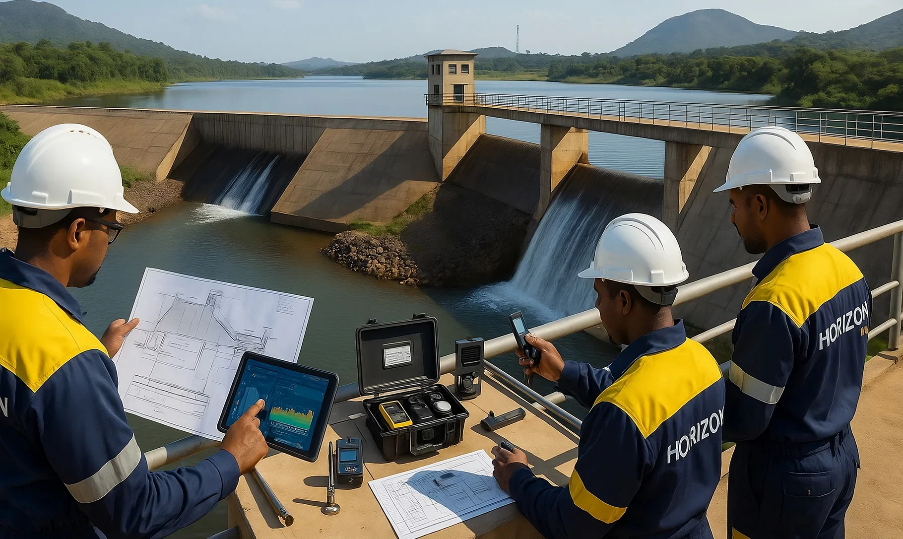 Civil engineers from Horizon Engineering and Services inspecting a dam spillway, reservoir, and monitoring instruments using tablets, blueprints, and technical equipment under natural daylight
