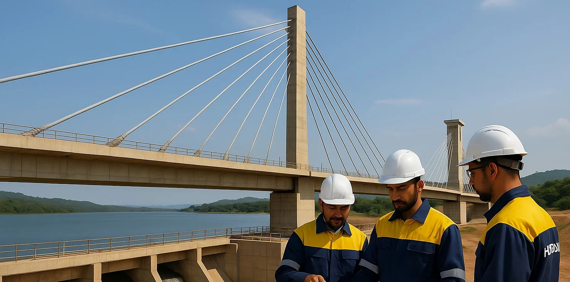 Civil engineers from Horizon Engineering and Services inspecting a modern bridge structure under construction while reviewing structural drawings and digital models on site