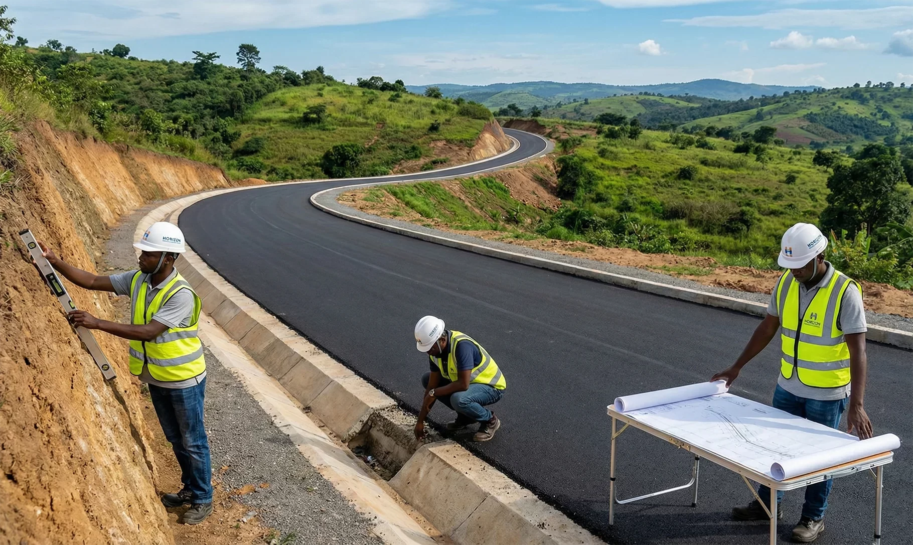 Three civil engineers from Horizon Engineering and Services, wearing branded PPE, inspect a newly paved, winding asphalt road in a hilly landscape. One engineer uses a spirit level on a cut slope, another examines the concrete drainage curb, and a third reviews large blueprints on a portable table.