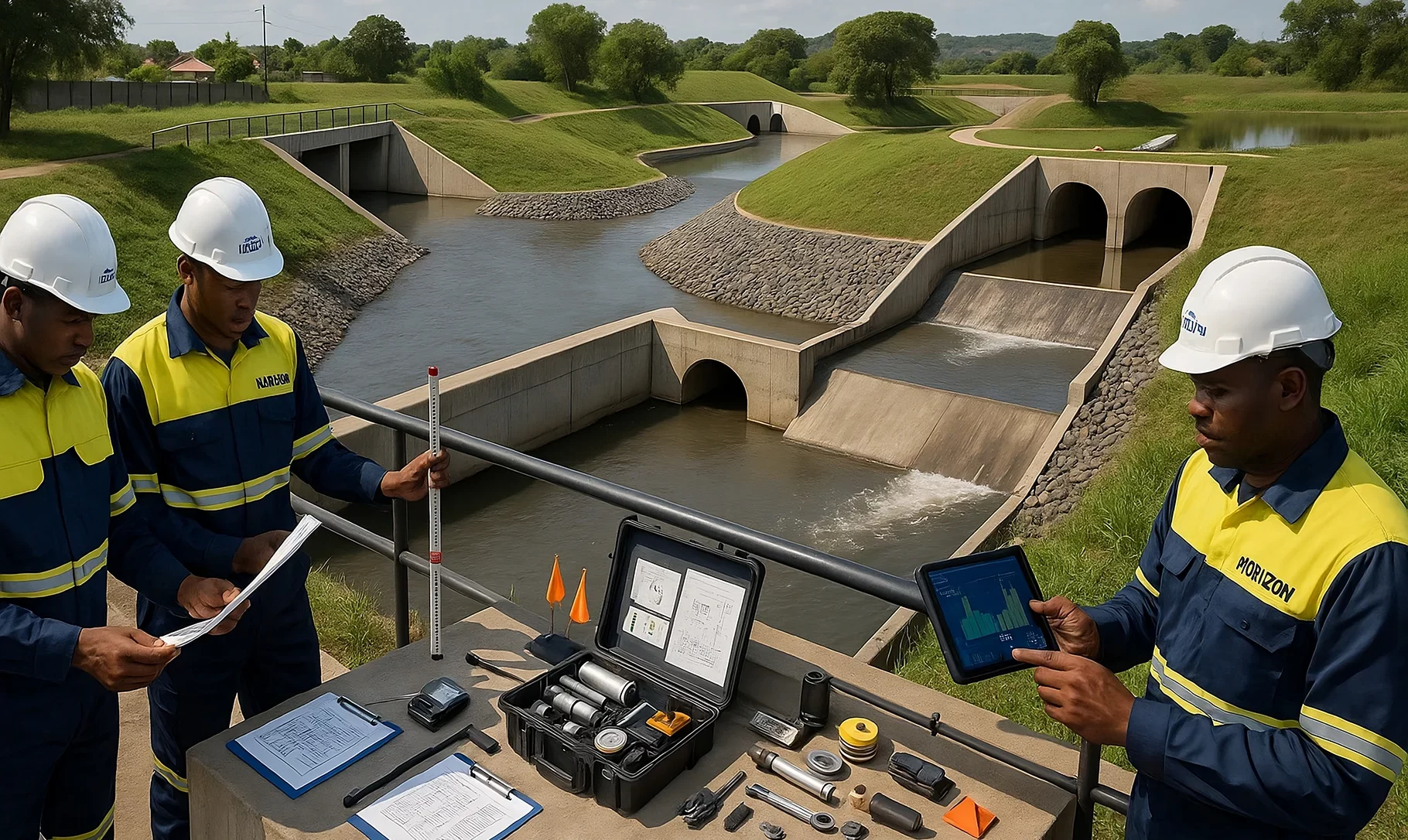 Civil engineers from Horizon Engineering and Services conducting stormwater system inspections at modern drainage channels, culverts, and retention basins using measurement tools and digital tablets