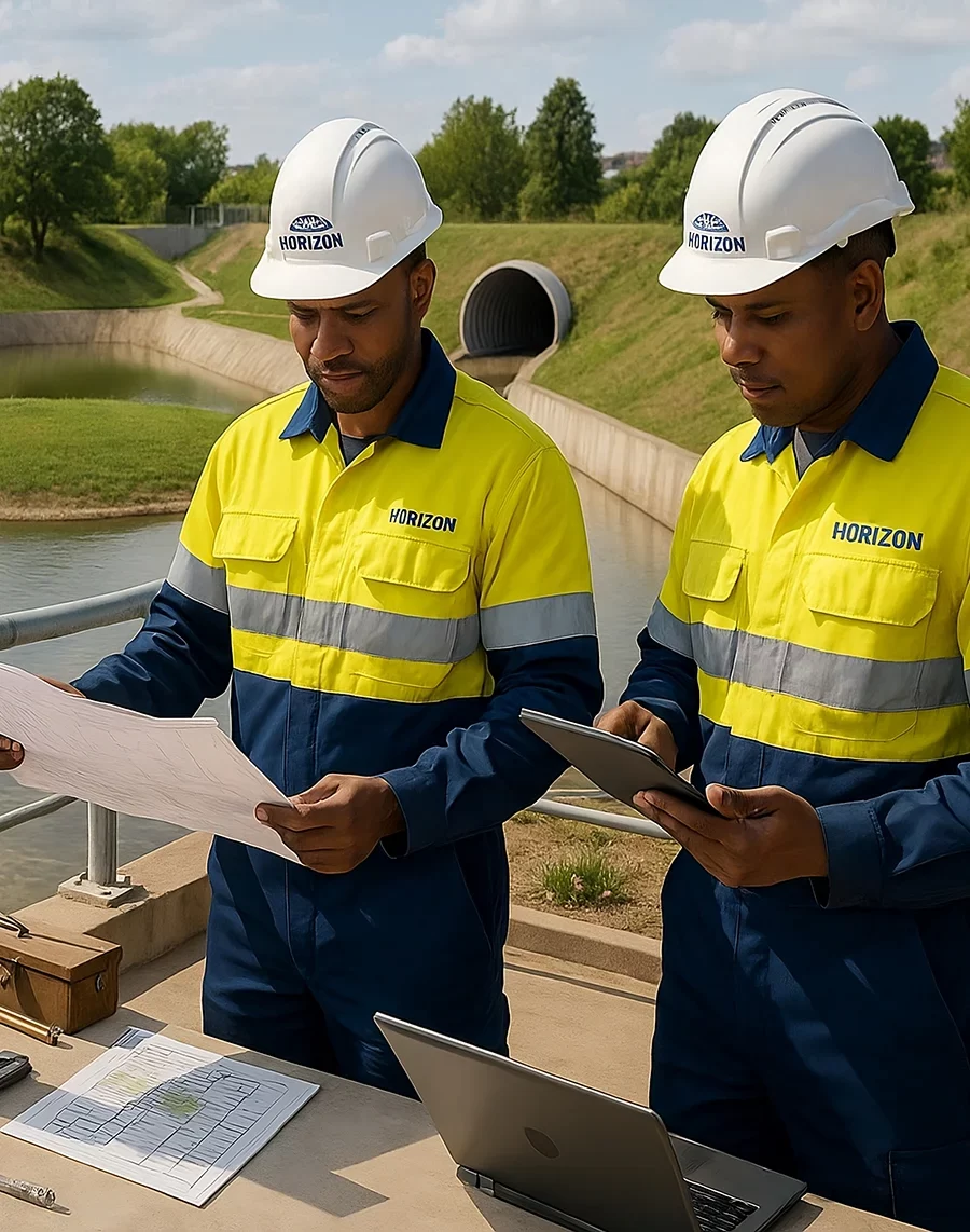 Civil engineers from Horizon Engineering and Services inspecting stormwater drainage channels, culverts, and retention basin plans at an outdoor water management site