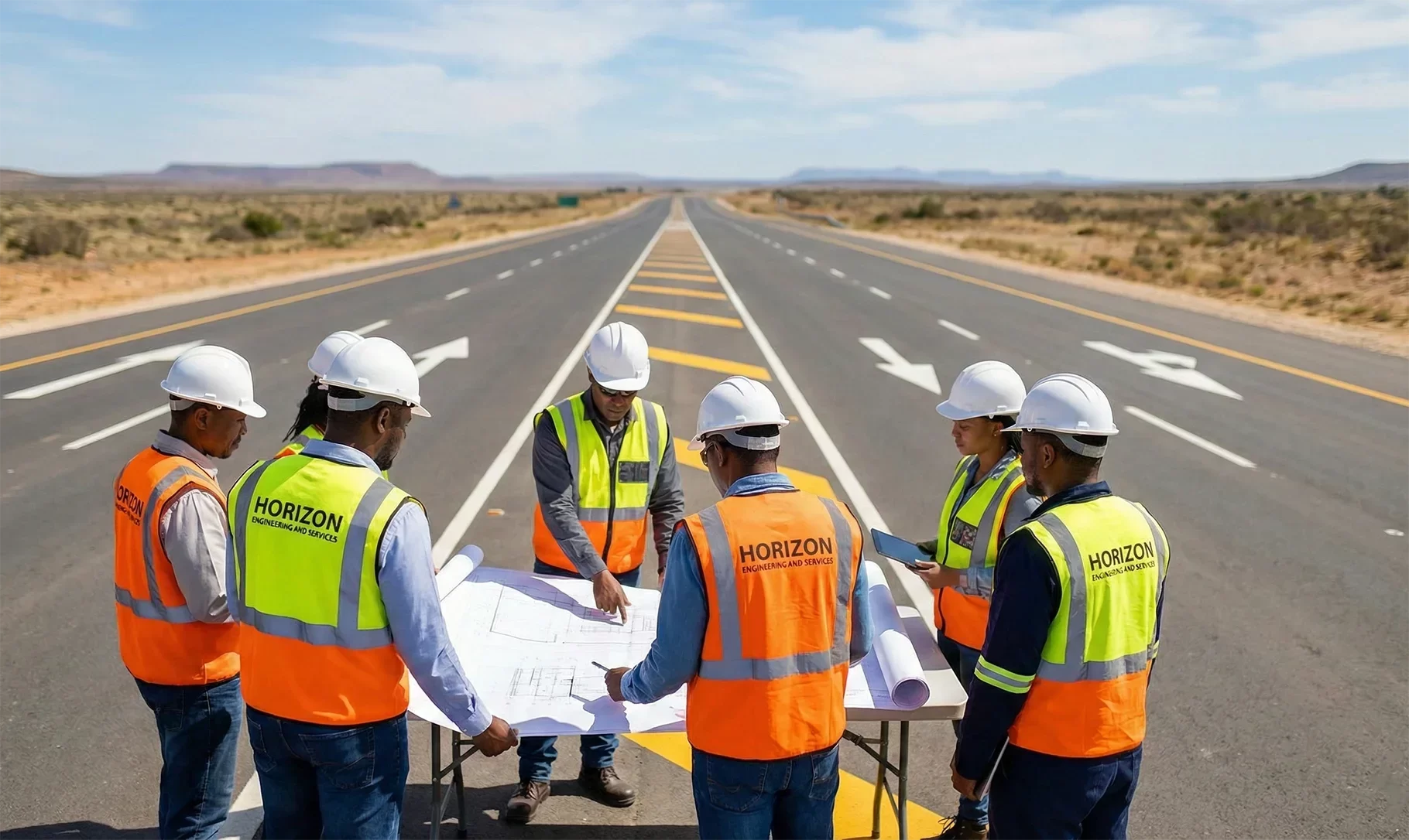 A diverse team of seven engineers from Horizon Engineering and Services, wearing branded high-visibility vests and hard hats, review blueprints on a portable table in the middle of a newly paved asphalt road. The setting is a wide, arid landscape under a clear sky in Kolwezi, Lualaba, DR Congo.