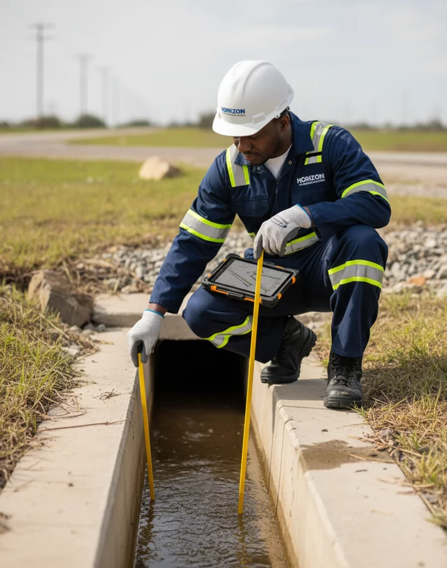 Vertical image of an engineer in Horizon PPE using a measuring tool to assess structural integrity and flow guides of a concrete drainage inlet during a field inspection