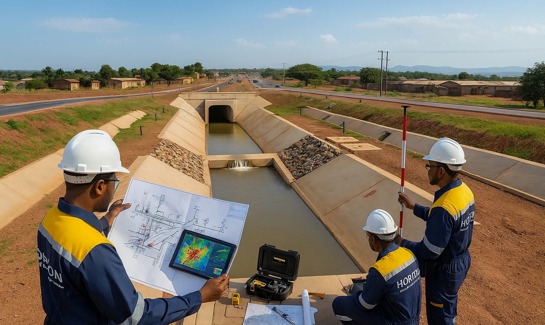 Panoramic view of Horizon Engineering civil engineers reviewing drainage masterplans and hydrological models on a tablet, alongside a concrete channel and culvert, emphasizing field verification of drainage system design