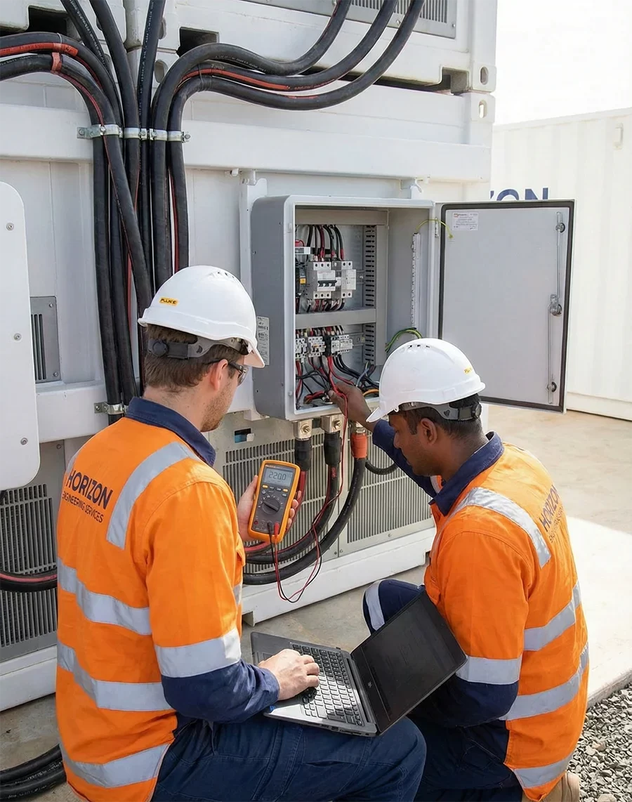 Two engineers from Horizon Engineering and Services, wearing branded high-visibility PPE and hard hats, conduct electrical troubleshooting on an open control panel mounted on a white energy storage container. One engineer uses a yellow digital multimeter to test connections while the other uses a laptop.