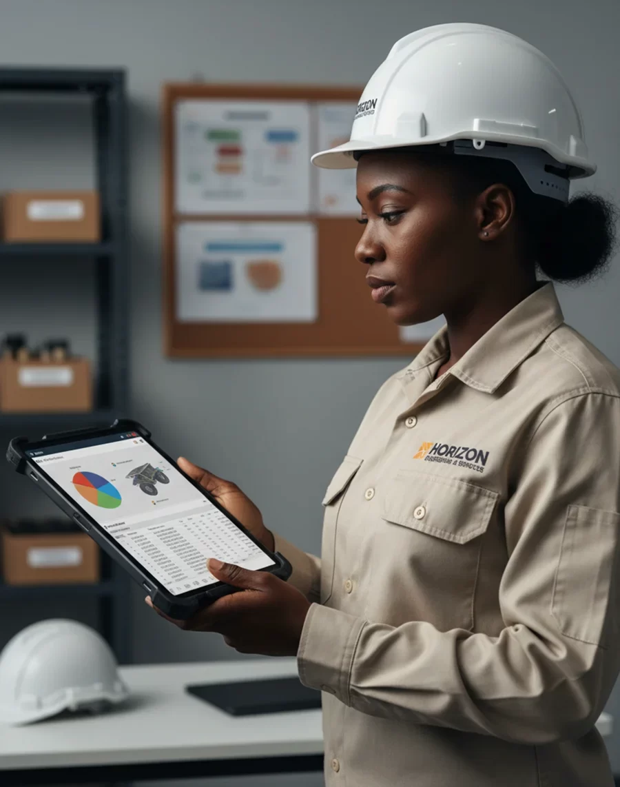 African American engineer from Horizon Engineering in branded PPE analyzing project data, charts, and CAD models on a tablet in a modern office with core samples and workflow diagrams in the background.