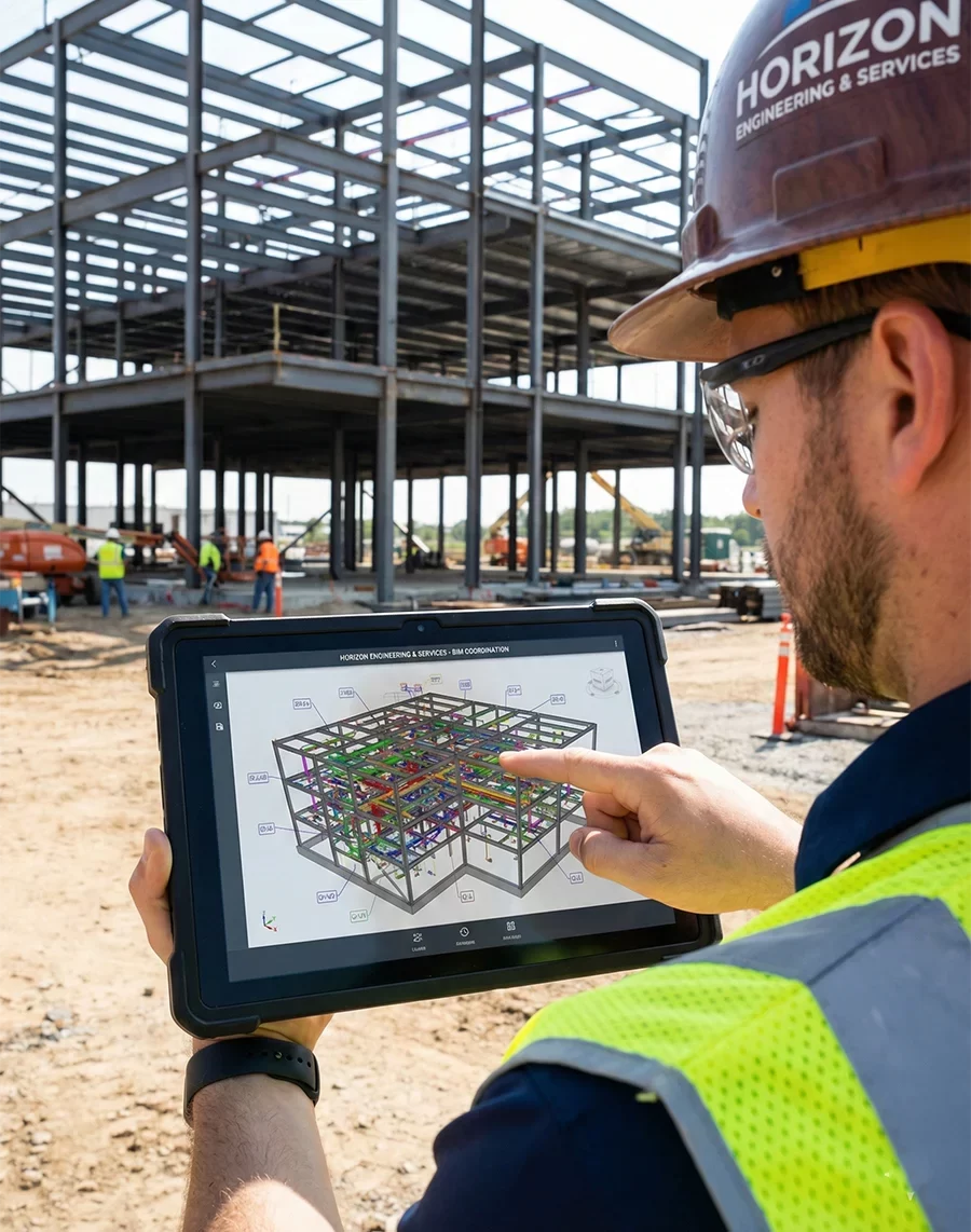 A Horizon Engineering and Services engineer, wearing a branded hard hat and safety vest, uses a tablet to review a 3D BIM model of a steel structure on a construction site in Kolwezi, Lualaba, DR Congo.