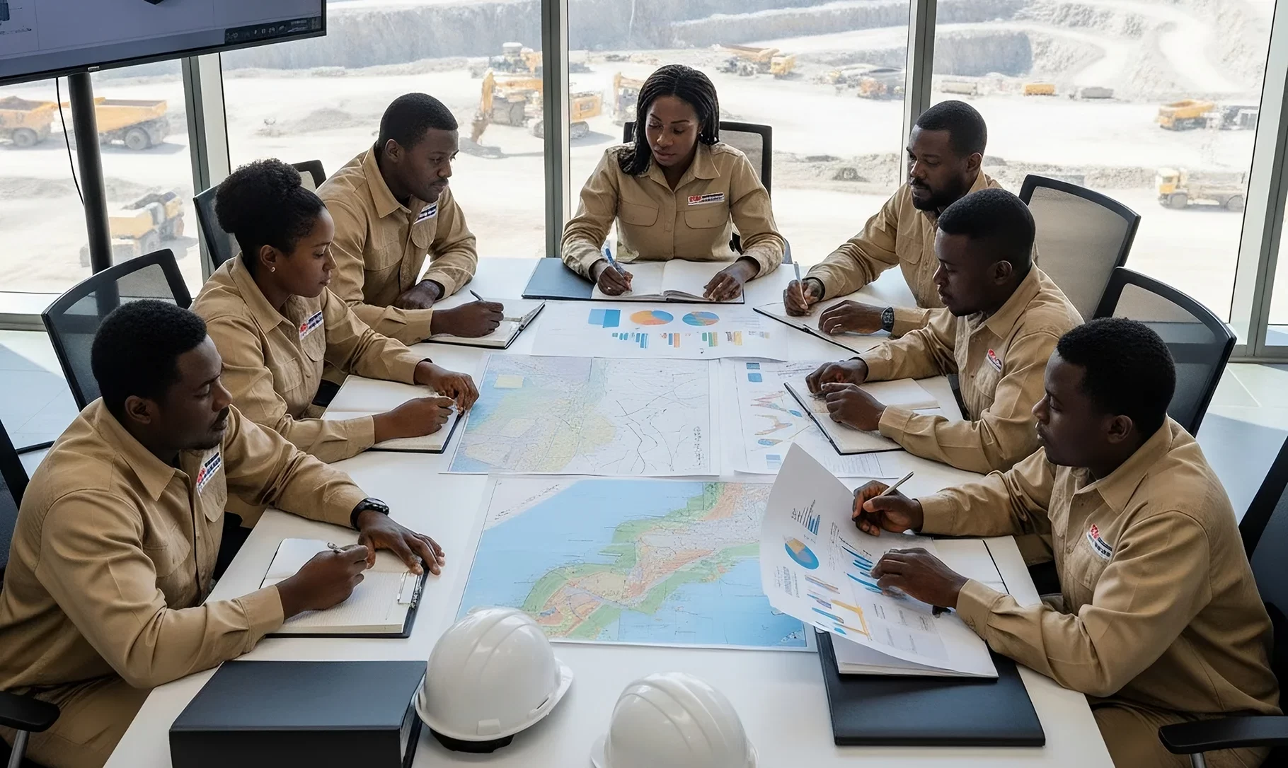 African American engineering team from Horizon Engineering reviewing feasibility study documents, financial charts, and geological maps on digital displays in a professional site office, with an open-pit mine view in the background.