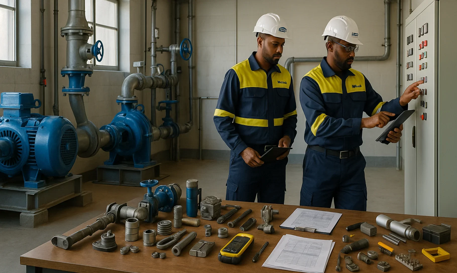 Engineers from Horizon Engineering and Services inspecting pumps, valves, and control panels inside a modern pump station facility