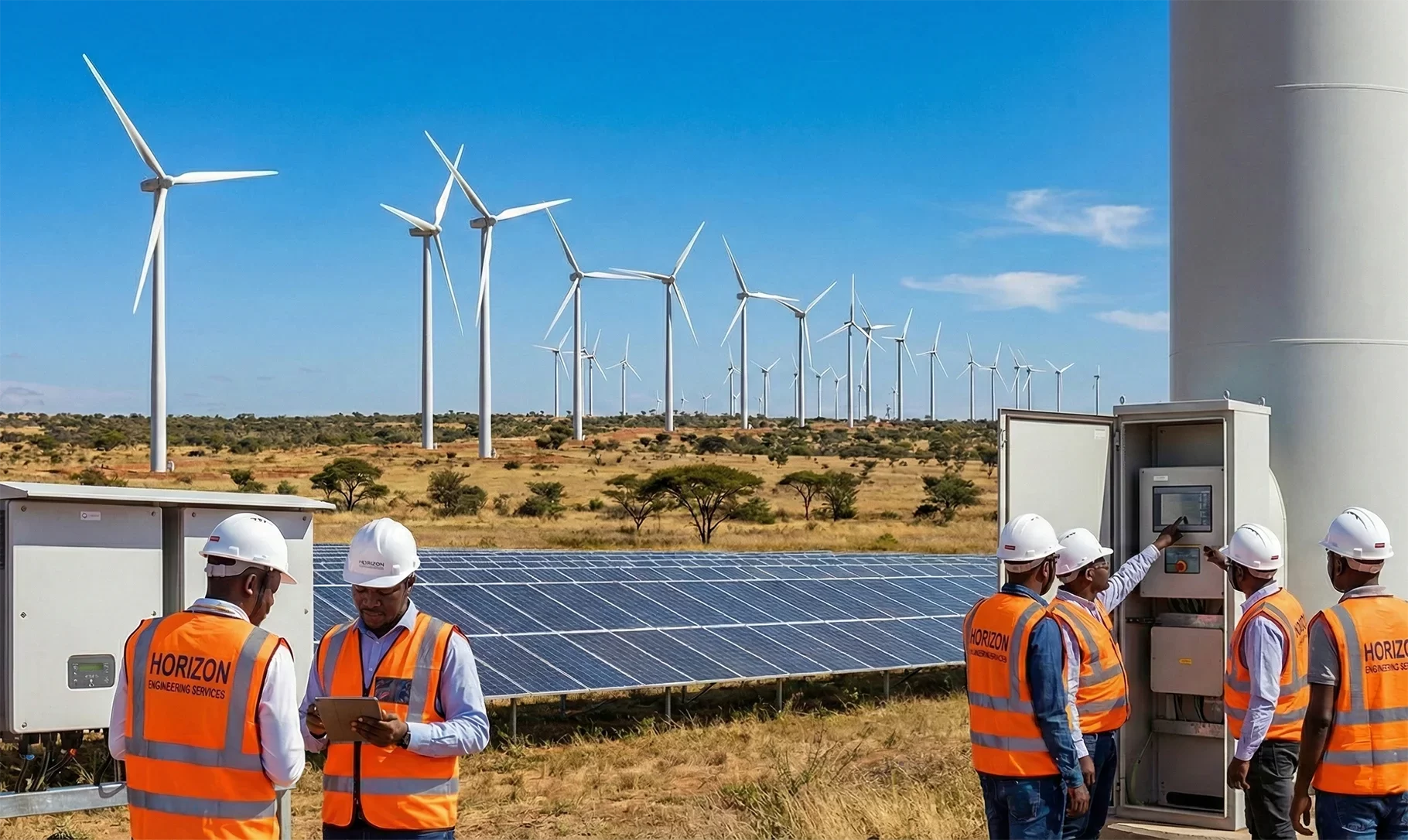 A team of six engineers from Horizon Engineering and Services, wearing hard hats and branded high-visibility vests, inspect a control panel at the base of a wind turbine tower. A large solar panel array and multiple other wind turbines are situated in the sunny, dry landscape of Kolwezi, Lualaba, DR Congo in the background.