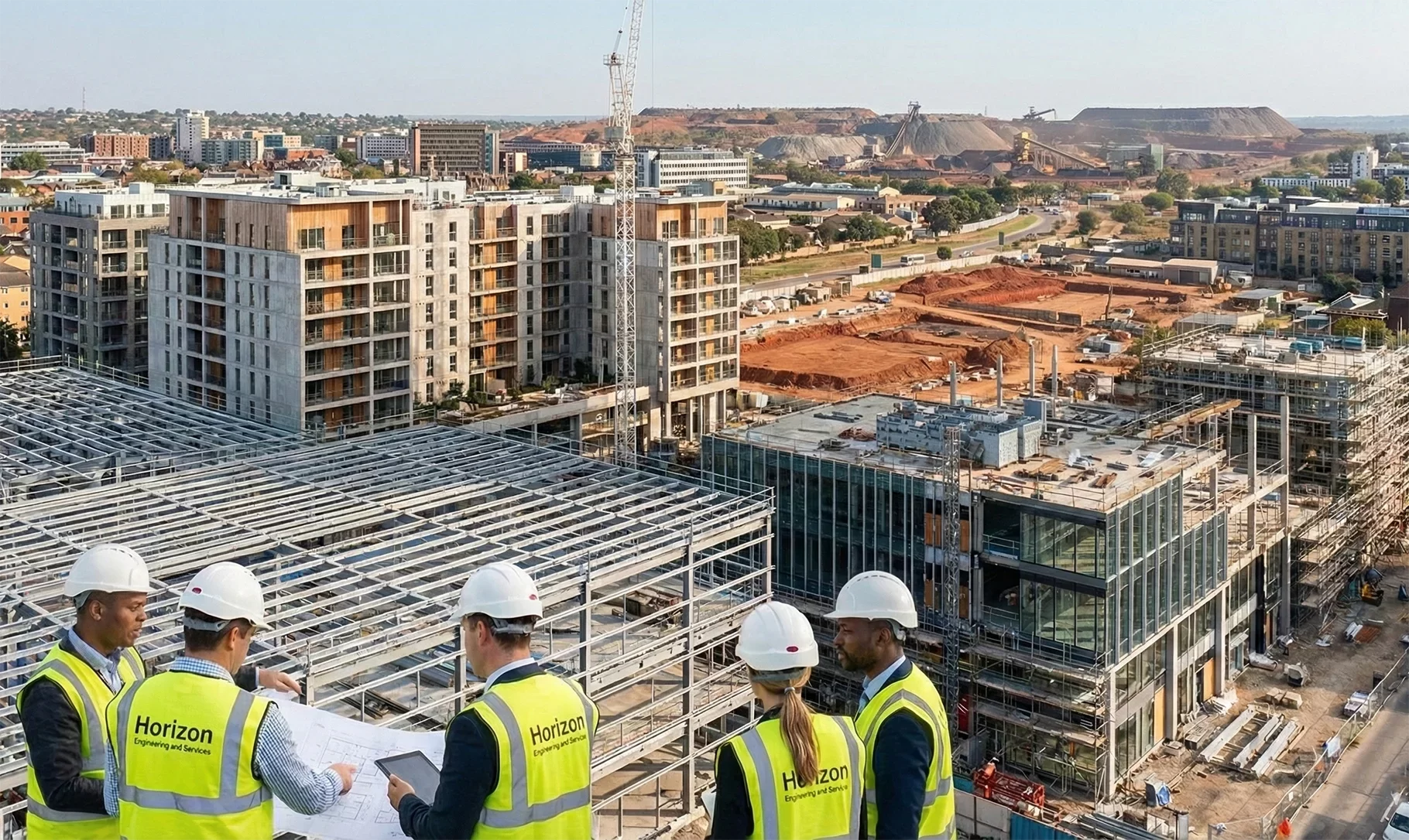 A multiracial team of five engineers from Horizon Engineering and Services, wearing hard hats and high-visibility vests, review blueprints and a tablet on an elevated steel structure at a major construction site in Kolwezi, DR Congo. In the background are modern buildings under construction and large mining earthworks.