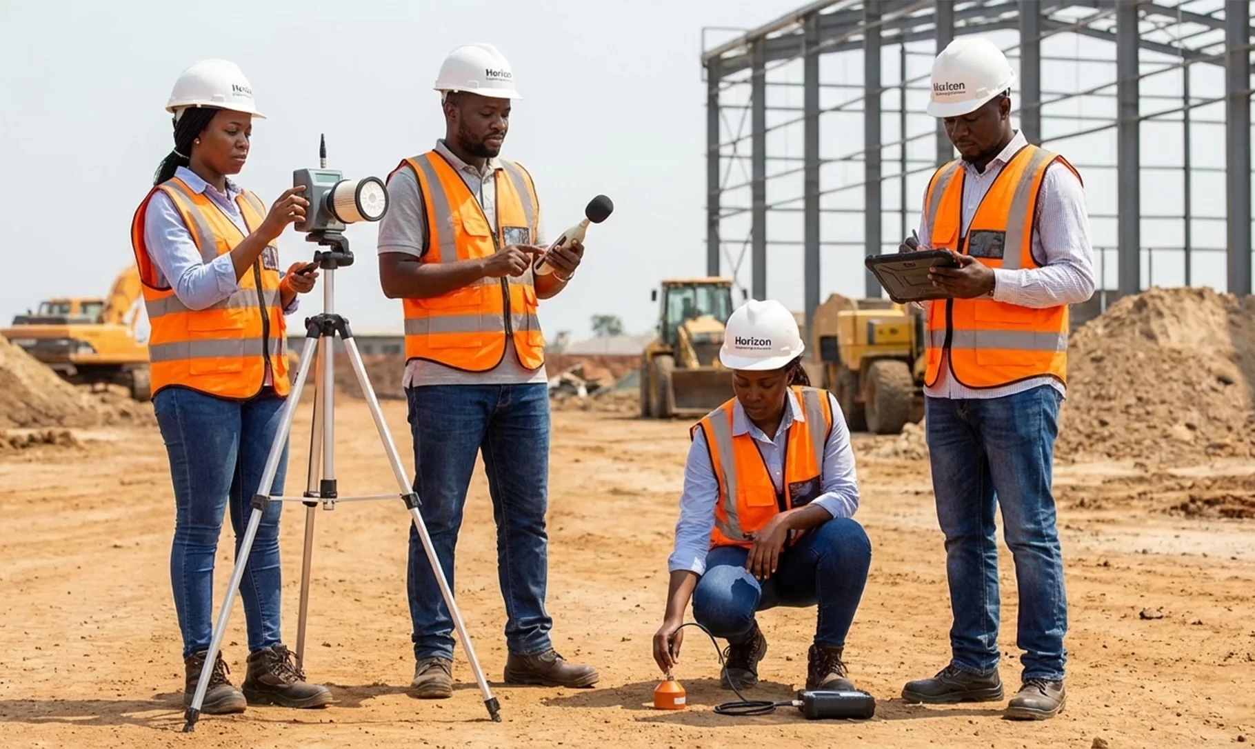 A diverse team of four Congolese engineers from Horizon Engineering and Services, wearing hard hats and high-visibility vests, are conducting environmental monitoring at a construction site. They are using a tripod-mounted air quality monitor, a handheld sound level meter, a ground vibration sensor, and a tablet to collect data, with a large steel-frame building under construction in the background in Kolwezi, Lualaba, DR Congo.