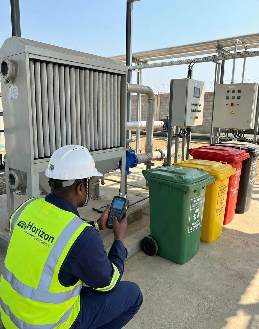 An environmental engineer in Horizon branded PPE using a handheld monitoring device to inspect an industrial filtration unit and color-coded recycling bins at a waste handling facility.