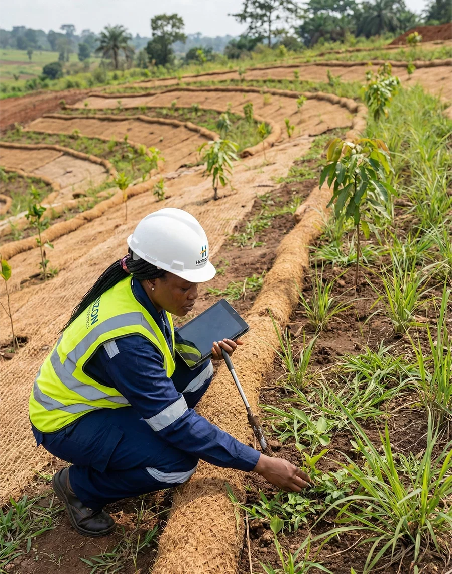 Female Congolese environmental specialist in Horizon PPE inspecting native vegetation growth and soil recovery on a terraced slope with bio-engineered erosion control features.