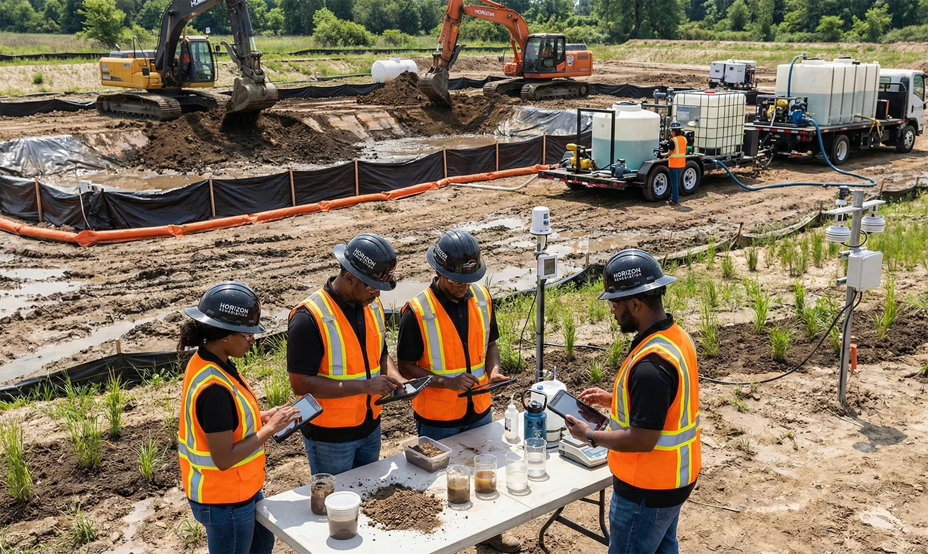A team of four Black environmental engineers from Horizon Engineering and Services, wearing black hard hats and orange safety vests, analyzing soil and water samples at a field station. In the background, an active remediation site features excavators, black containment liners, orange boom barriers, and mobile water treatment units under clear daylight.