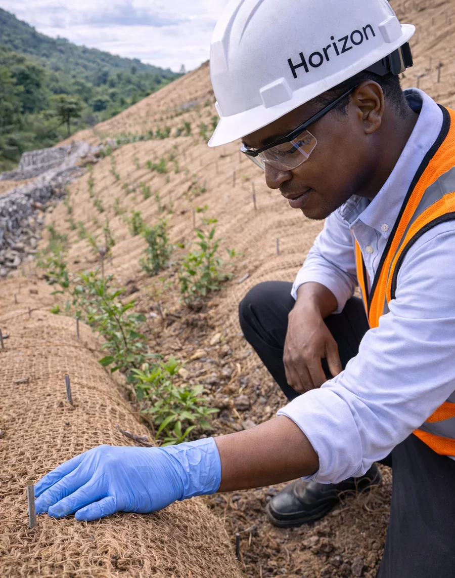 Black environmental engineer inspecting erosion control mats and soil retention systems on a stabilized slope with anchored barriers and vegetation growth in Kolwezi, DR Congo.