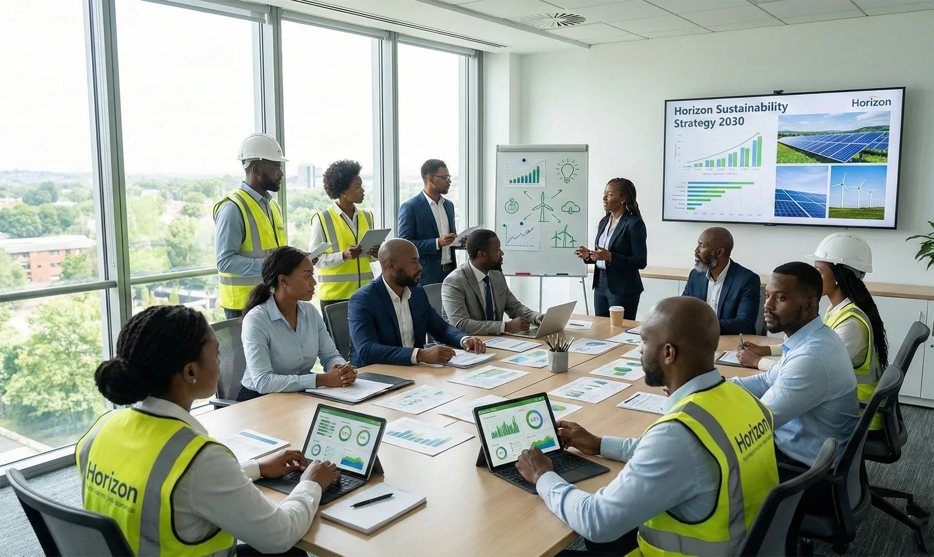 Horizon Engineering and Services professionals collaborating on a corporate sustainability strategy in a modern office, featuring data dashboards with solar and wind energy metrics.