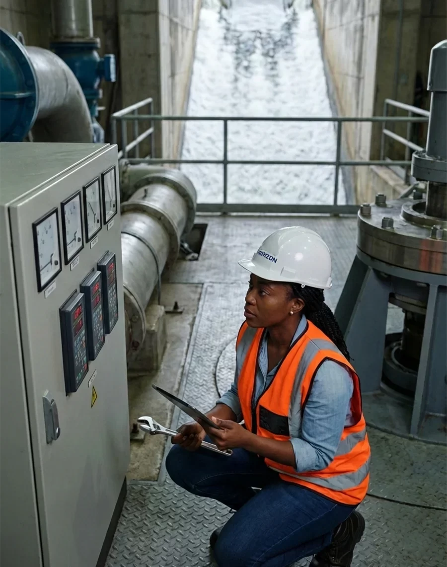 A female engineer from Horizon Engineering and Services, wearing a branded white hard hat and orange high-visibility vest, kneels and inspects a control panel with gauges at a hydroelectric power plant. She holds a tablet and a wrench, with a large water spillway and turbine machinery visible in the background.