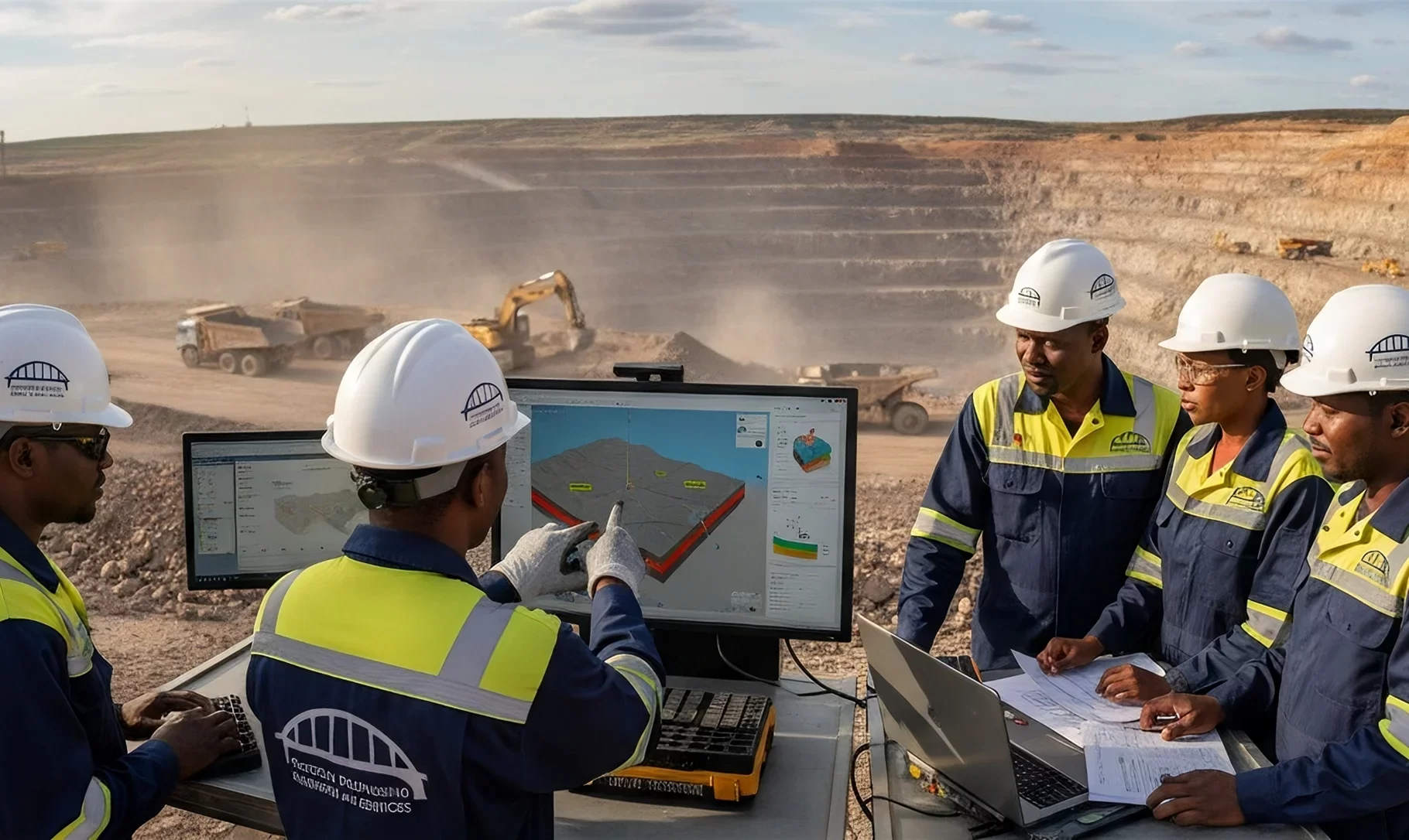 Panoramic view of African American mining engineers from Horizon Engineering reviewing 3D terrain models and geological cross sections on a rugged field workstation at an active open-pit mine site.