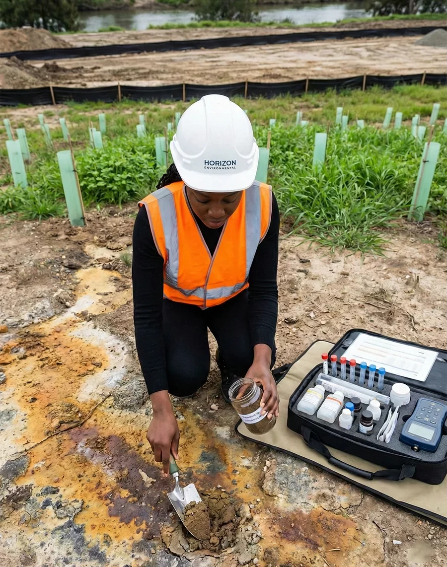 A Black female environmental engineer from Horizon Engineering and Services, wearing a white hard hat and high-visibility safety vest, collects soil samples from a remediation site using a hand trowel and a professional field testing kit. In the background, a river and rows of newly planted saplings show active land restoration and vegetation recovery.