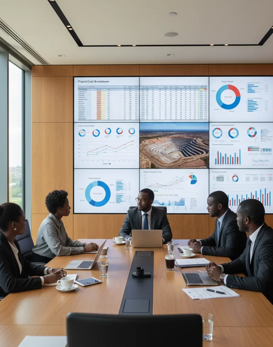 African American financial analysts and mining engineers review project cost models, commodity price trends, and financial spreadsheets on large screens in a technical business setting