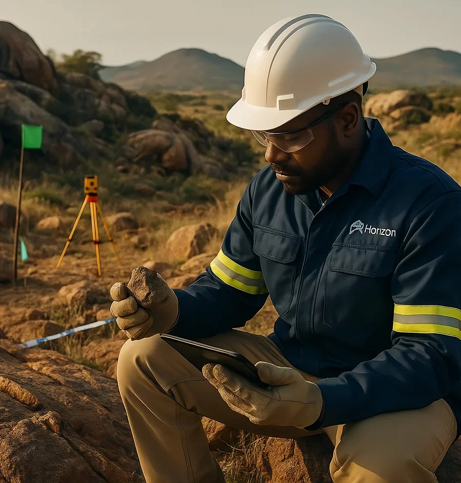 Geologist wearing Horizon Engineering and Services PPE examining rock samples with a tablet in a Southern African exploration site with survey markers and rugged terrain