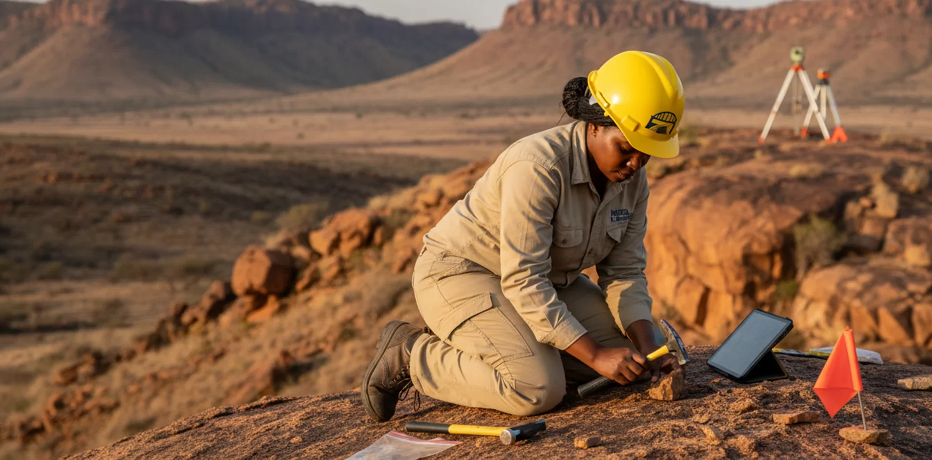 Horizon Engineering geologist examining mineral rock samples with a hand lens and tablet in rugged Southern African terrain, with survey instruments and mapping markers visible, emphasizing professional exploration.