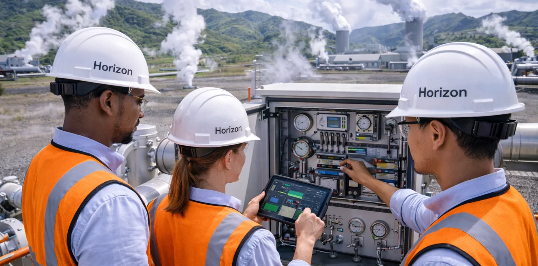 Engineers inspecting geothermal energy equipment with visible steam vents, wellheads, and turbine facilities in an active geothermal field under natural daylight.