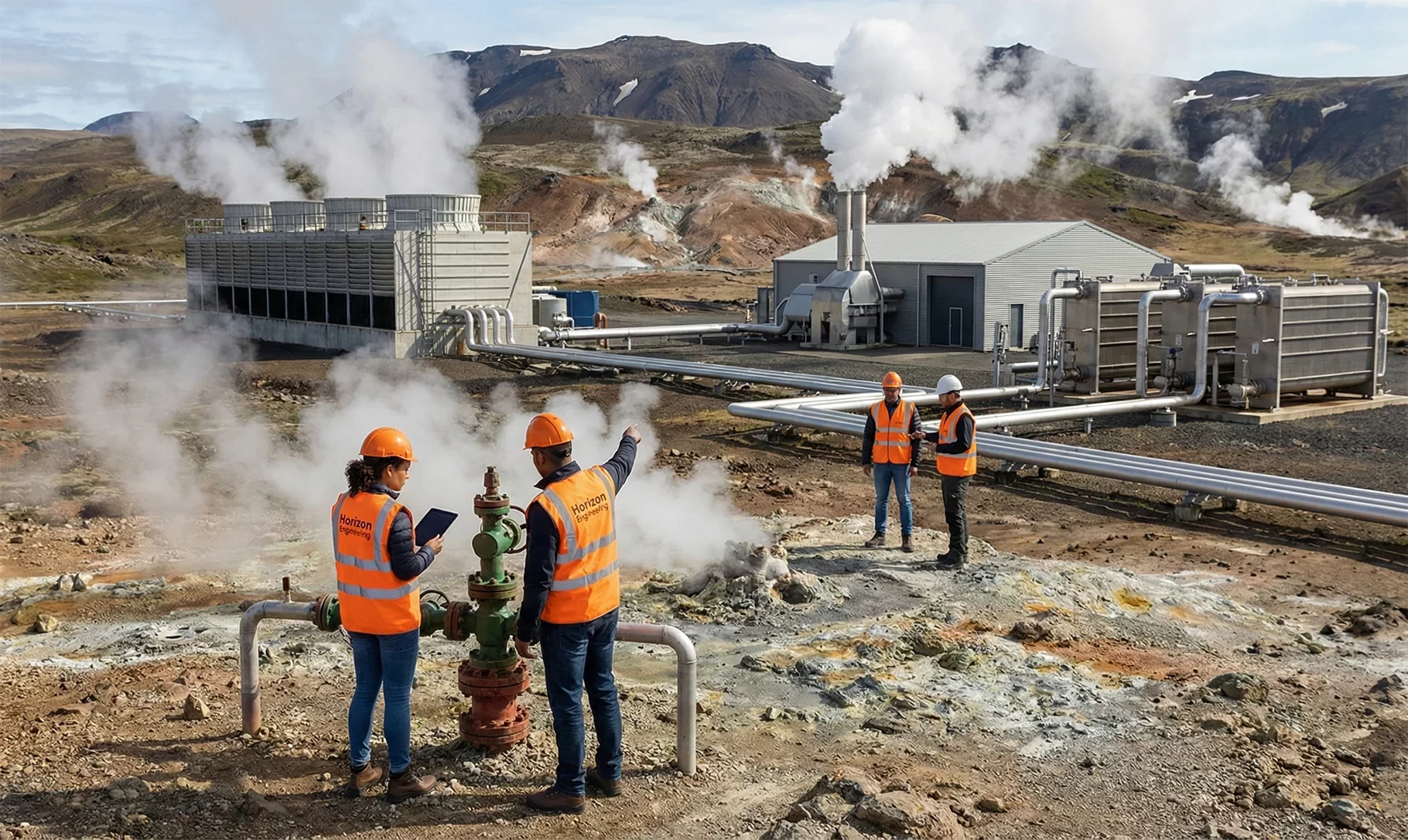 A multiracial team of engineers from Horizon Engineering and Services, wearing orange safety vests and hard hats, inspecting a geothermal wellhead. Thick steam rises from ground vents and industrial chimneys in the background, surrounded by heat exchangers and turbine buildings in a rugged volcanic field.