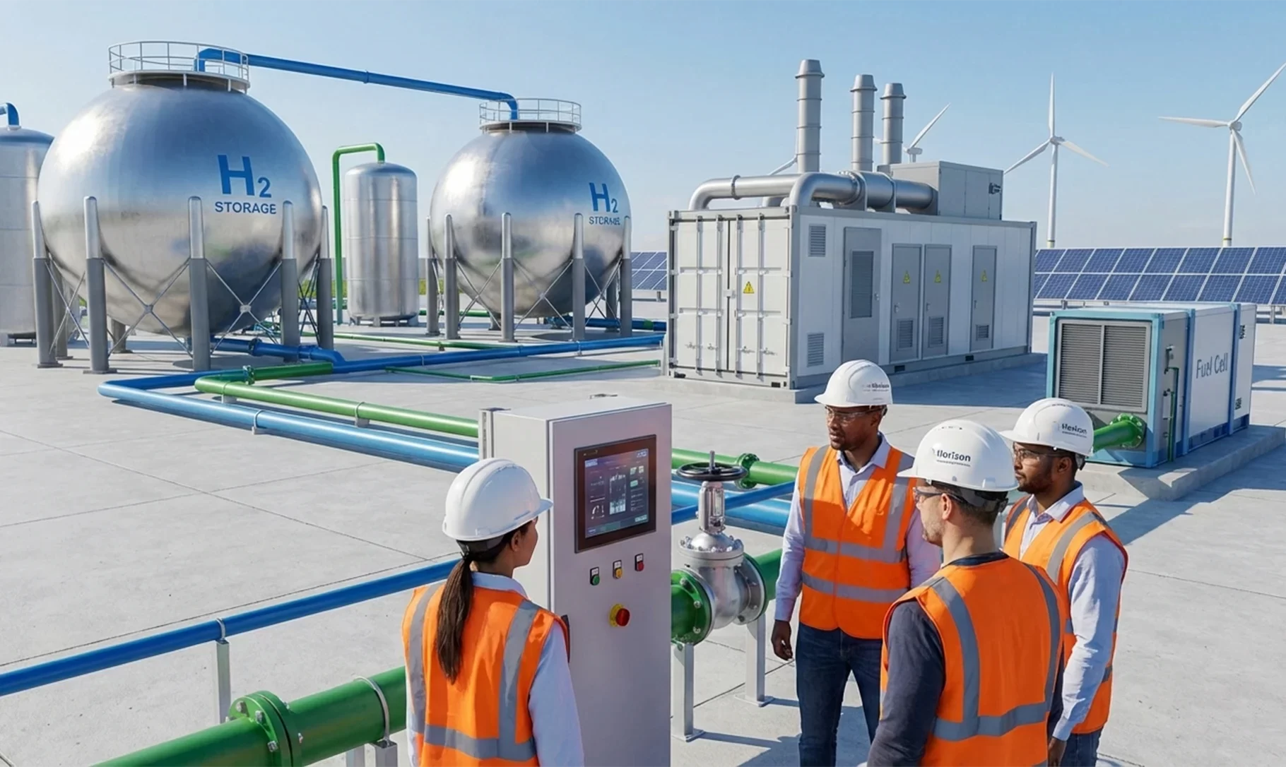 A diverse team of engineers from Horizon Engineering and Services, wearing branded hard hats and high-visibility orange vests, inspects a control panel at a modern green hydrogen facility. The site features large spherical "H2 STORAGE" tanks, a fuel cell unit, modular electrolysis containers, solar panels, and wind turbines under a clear sky.