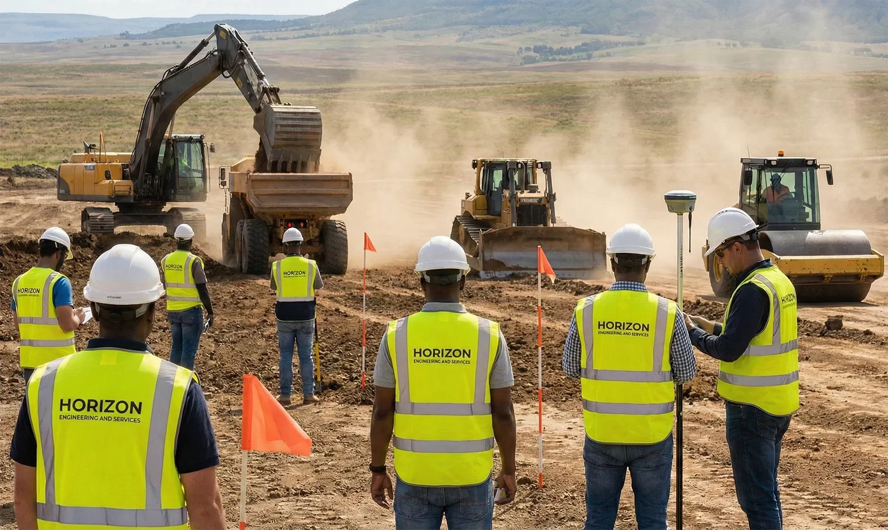 A diverse, multiracial team of engineers wearing high-visibility vests marked only with the text "HORIZON ENGINEERING AND SERVICES" use survey equipment to observe heavy earthmoving machinery, including an excavator, bulldozer, and roller, on a large dusty construction site in Kolwezi, DR Congo.