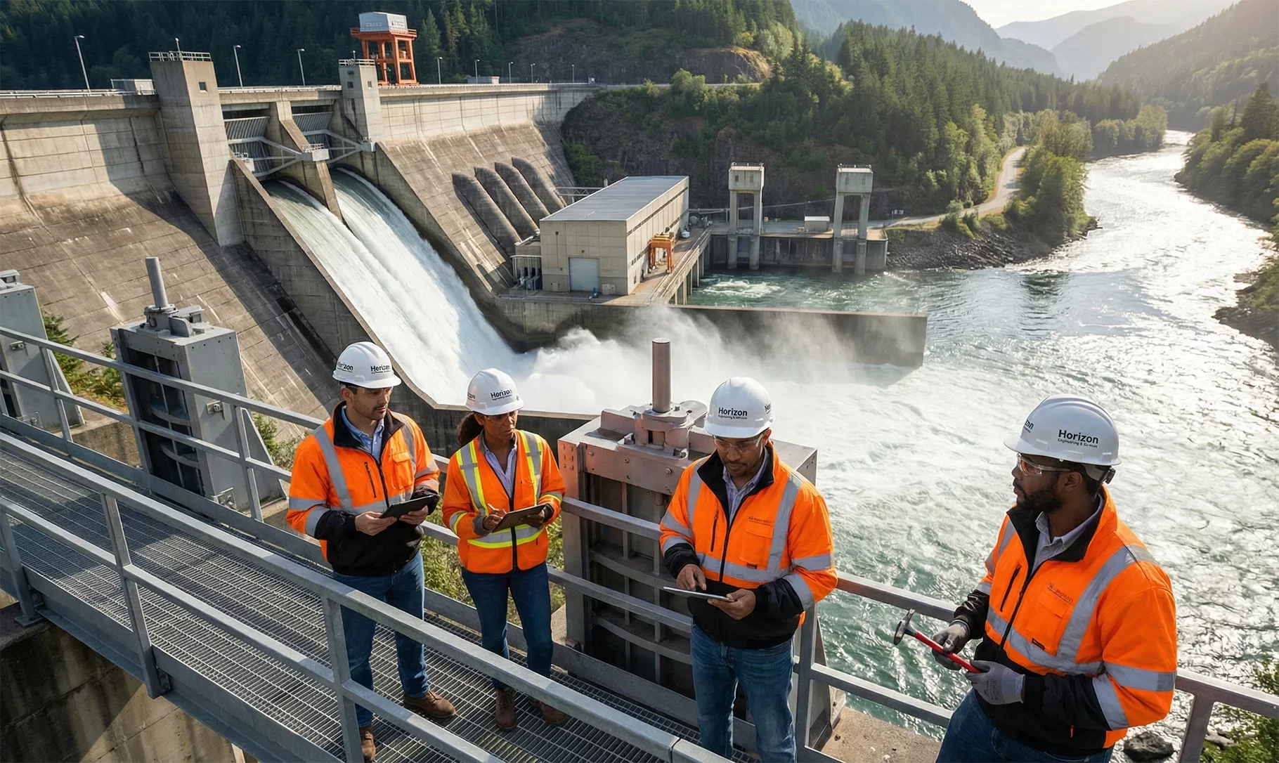 A multiracial team of four engineers from Horizon Engineering and Services, wearing white hard hats and high-visibility orange jackets, stands on a metal gantry overlooking a massive concrete dam. In the background, water rushes down a spillway into a river, with a power station and forest-covered hills visible under a bright sky.