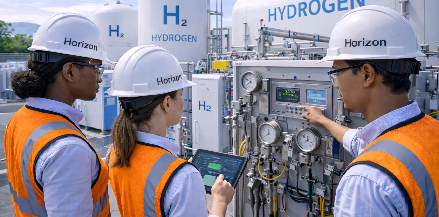 Two Black female engineers and a diverse engineering team inspecting hydrogen energy control systems with storage tanks, electrolysis units, pipelines, and digital monitoring panels under natural daylight.