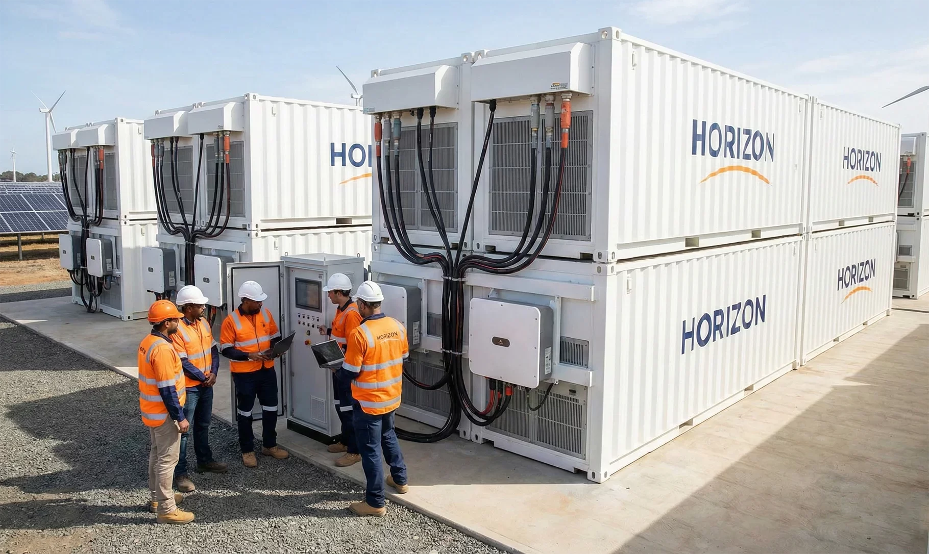 A team of diverse engineers from Horizon Engineering and Services, wearing hard hats and high-visibility PPE, inspect a central control terminal at a large-scale Battery Energy Storage System (BESS). The site features stacked modular battery containers with visible power cabling, inverters, and a solar farm with wind turbines in the background.
