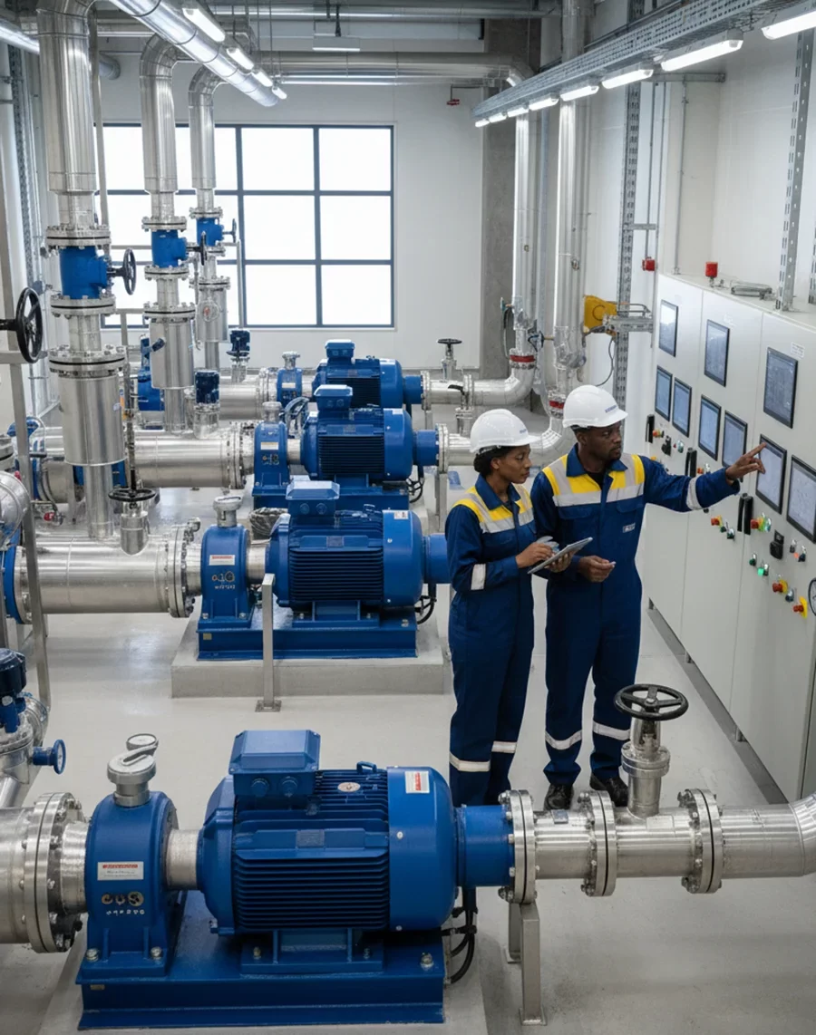 African American engineers from Horizon Engineering inspecting pumps, motors, and control panels in a modern industrial pump station, demonstrating operational management and technical oversight