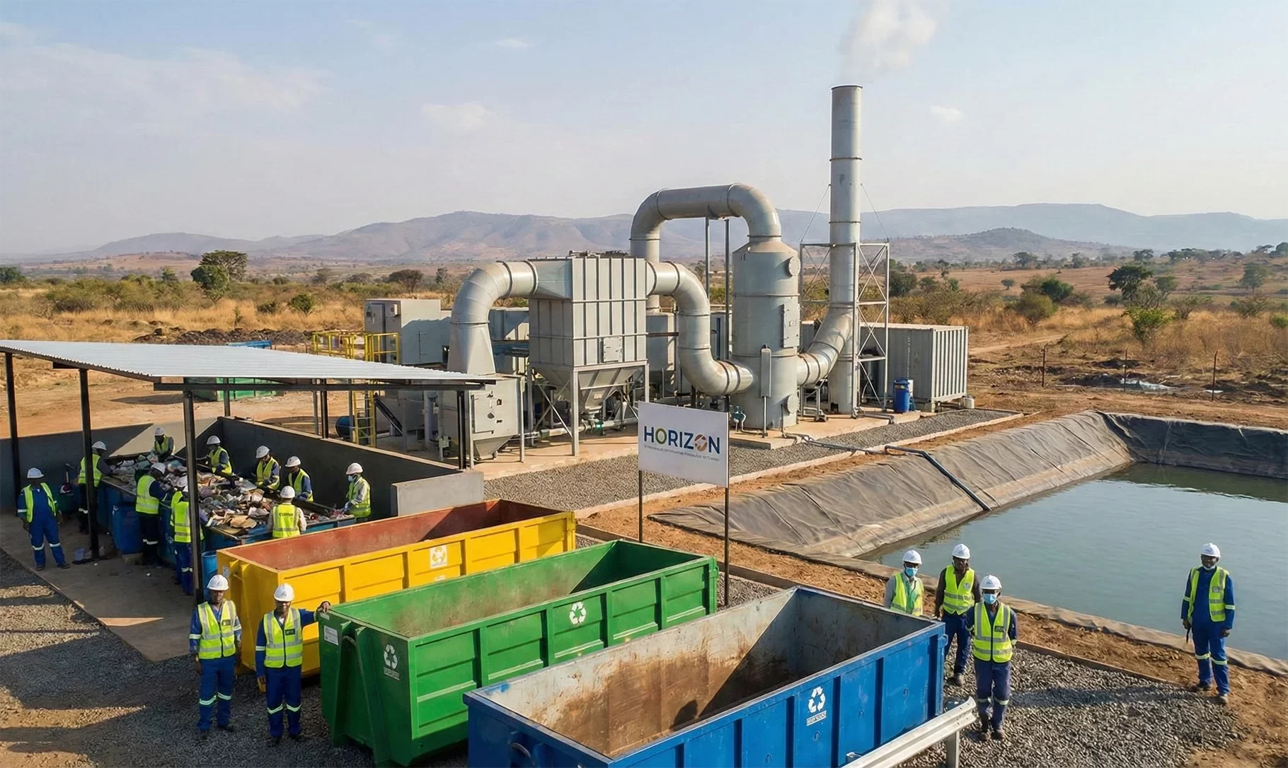 Horizon Engineering and Services personnel overseeing a waste management and pollution control site featuring industrial filtration systems, emission control units, and color-coded recycling containers.