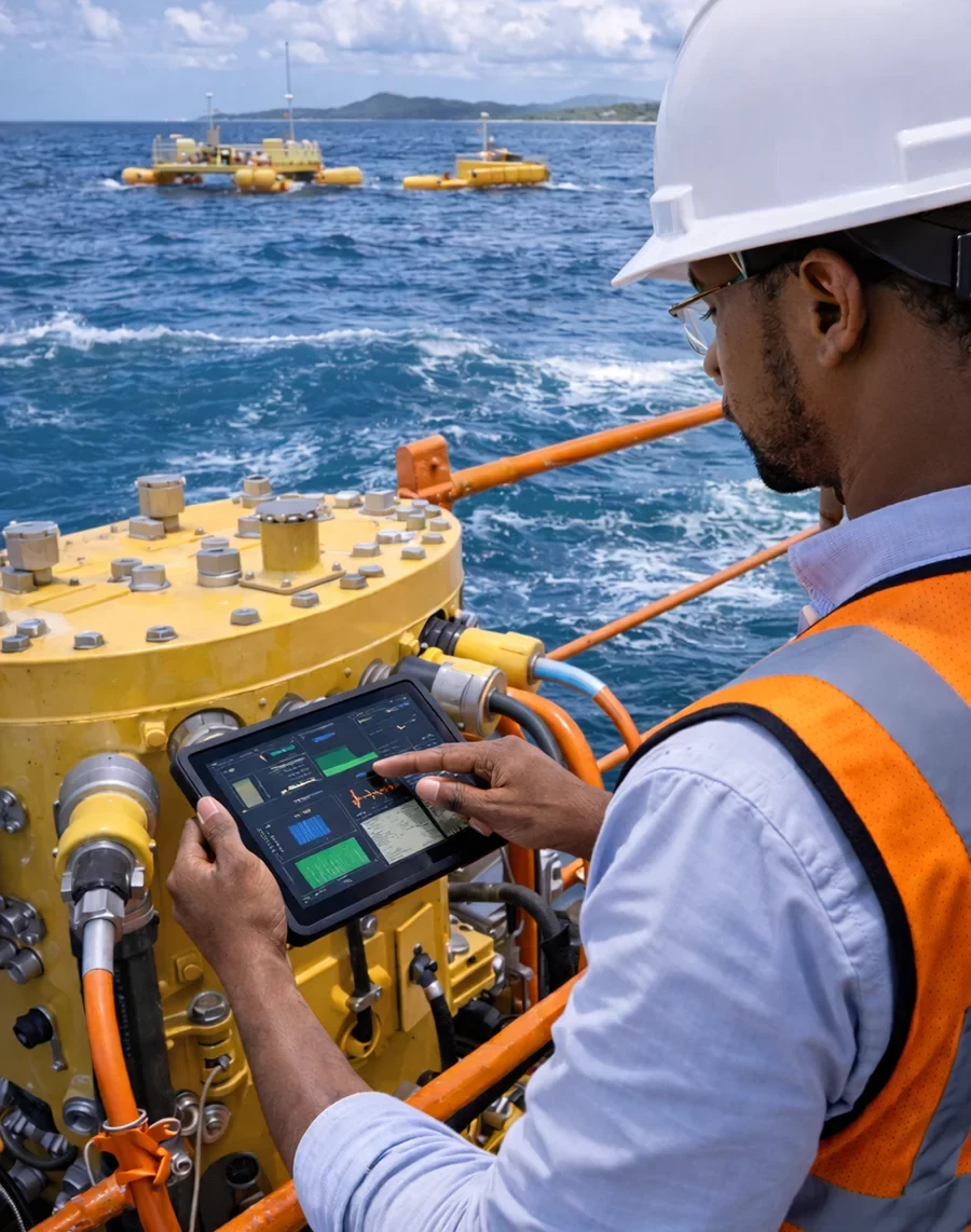 Black engineer inspecting marine renewable energy equipment on a coastal platform using a tablet, with wave energy converters, subsea cable interfaces, and open ocean surroundings.