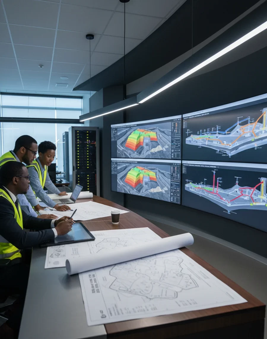 Panoramic view of African American mining engineers from Horizon Engineering reviewing 3D terrain models and geological cross sections on a rugged field workstation at an active open-pit mine site.