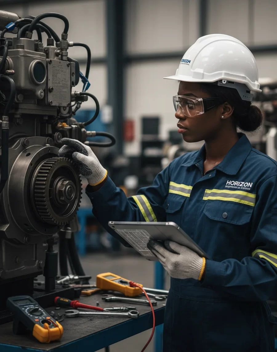 African American technician in Horizon PPE inspecting complex mining equipment components, demonstrating detailed mechanical system analysis and maintenance