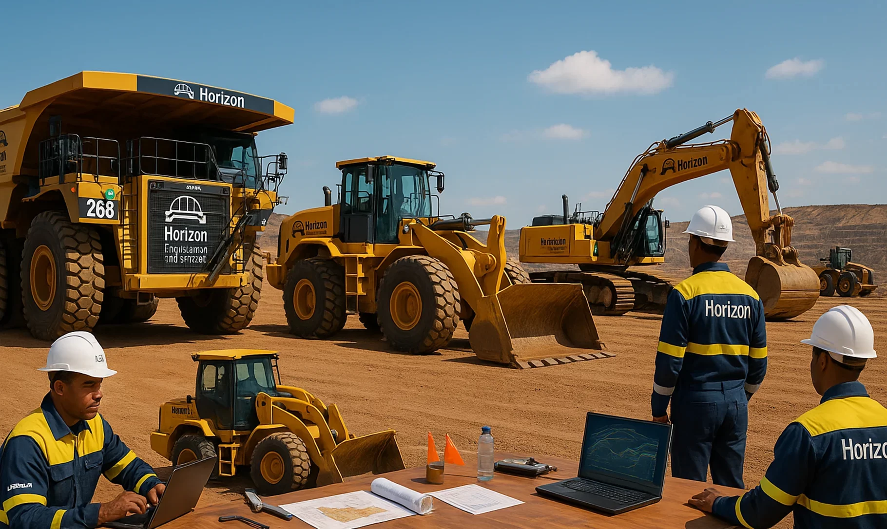 Heavy mining machinery including haul trucks, loaders, and excavators in a clean equipment yard with Horizon Engineering and Services personnel supervising operations under natural daylight