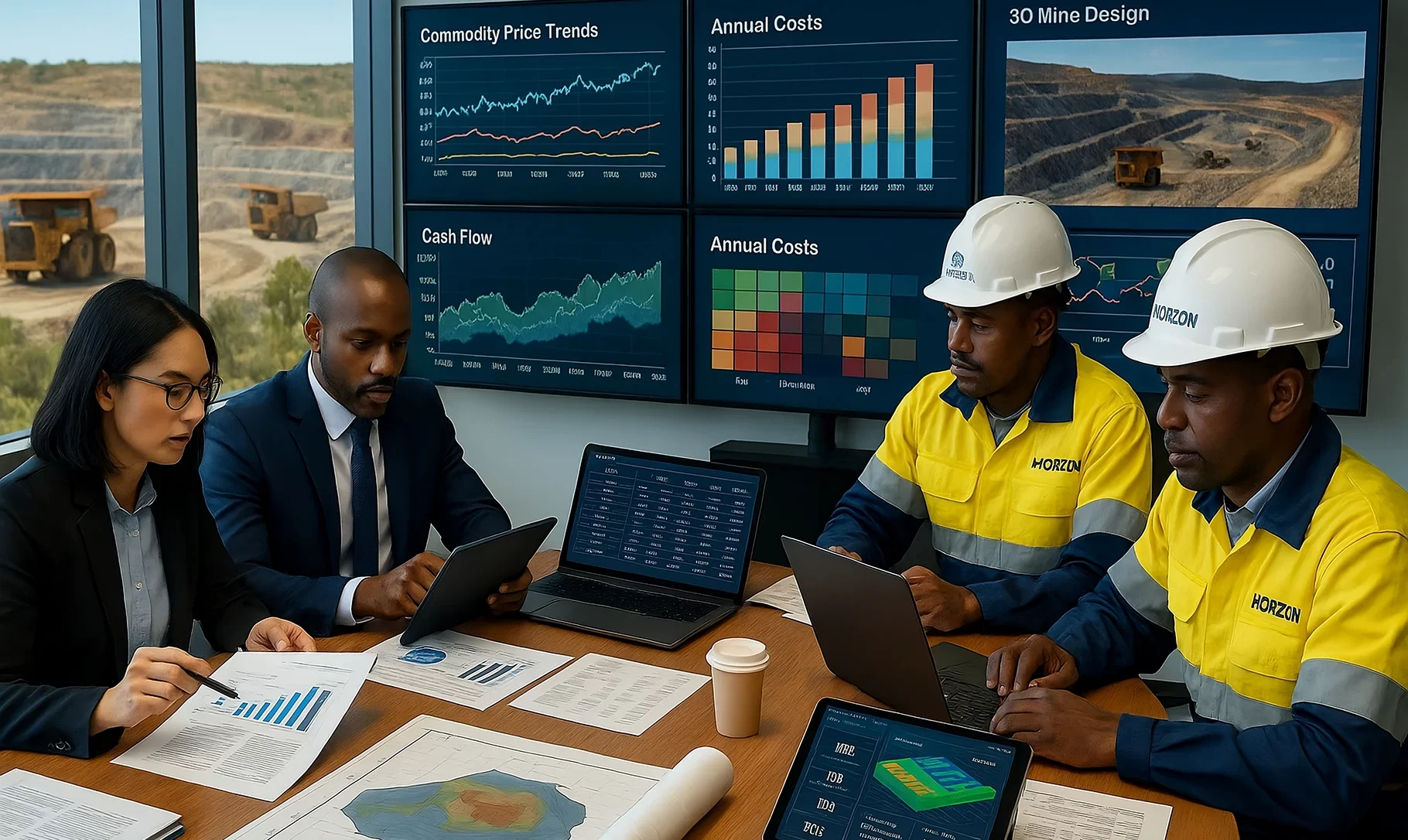 Financial analysts and Horizon Engineering and Services mining engineers reviewing cost models, commodity price trends, and cash flow projections with mine design data displayed on large screens