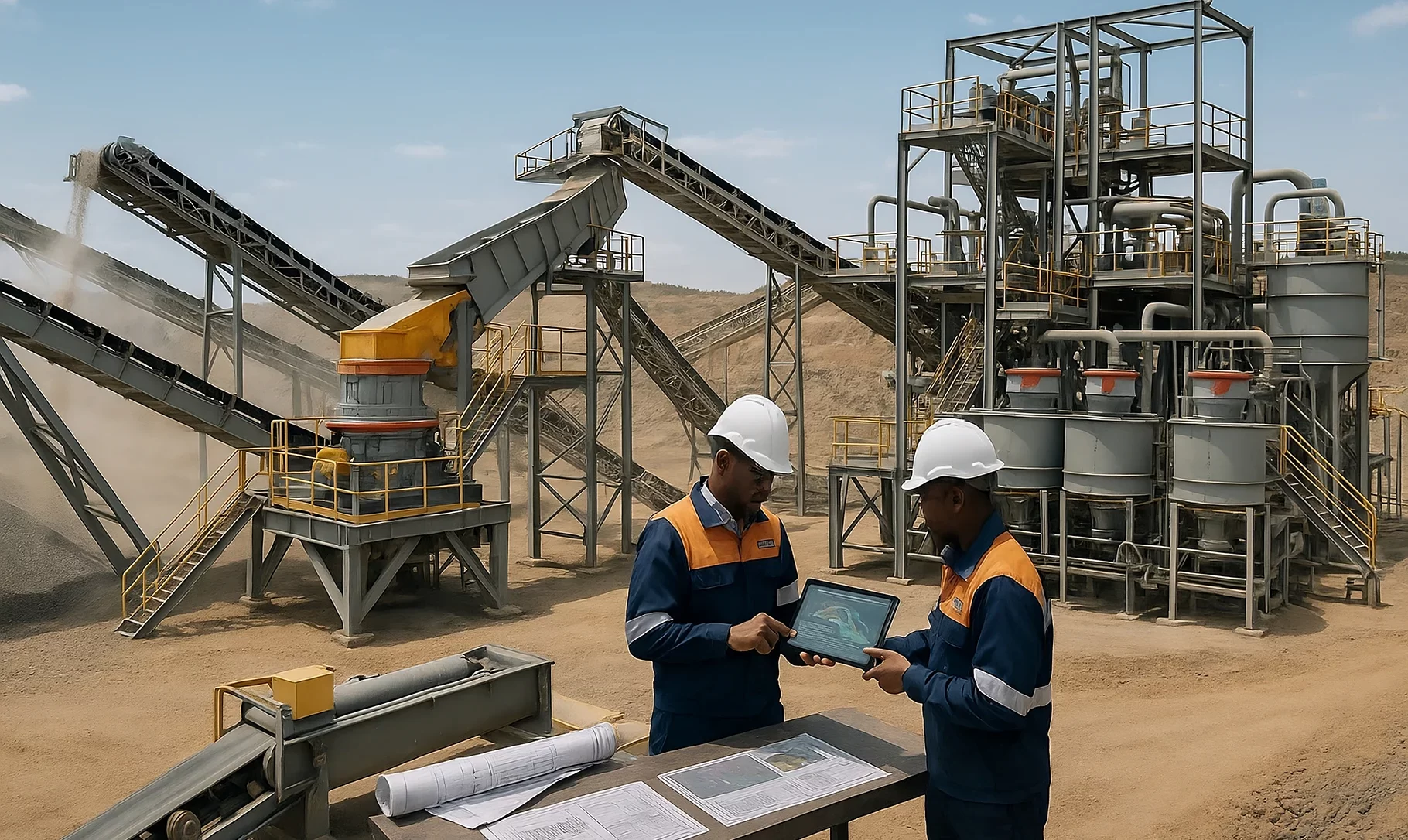 Modern mineral processing plant with conveyors, crushers, and flotation equipment operating under natural daylight as engineers review production data on site