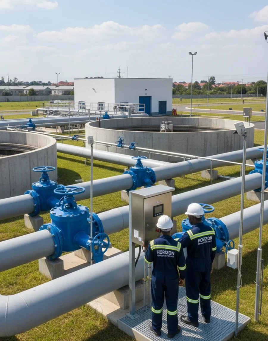 African American engineers from Horizon Engineering inspecting flow meters and control panels at a municipal water treatment plant, featuring pipelines, pumping stations, and treatment structures in a clean urban setting