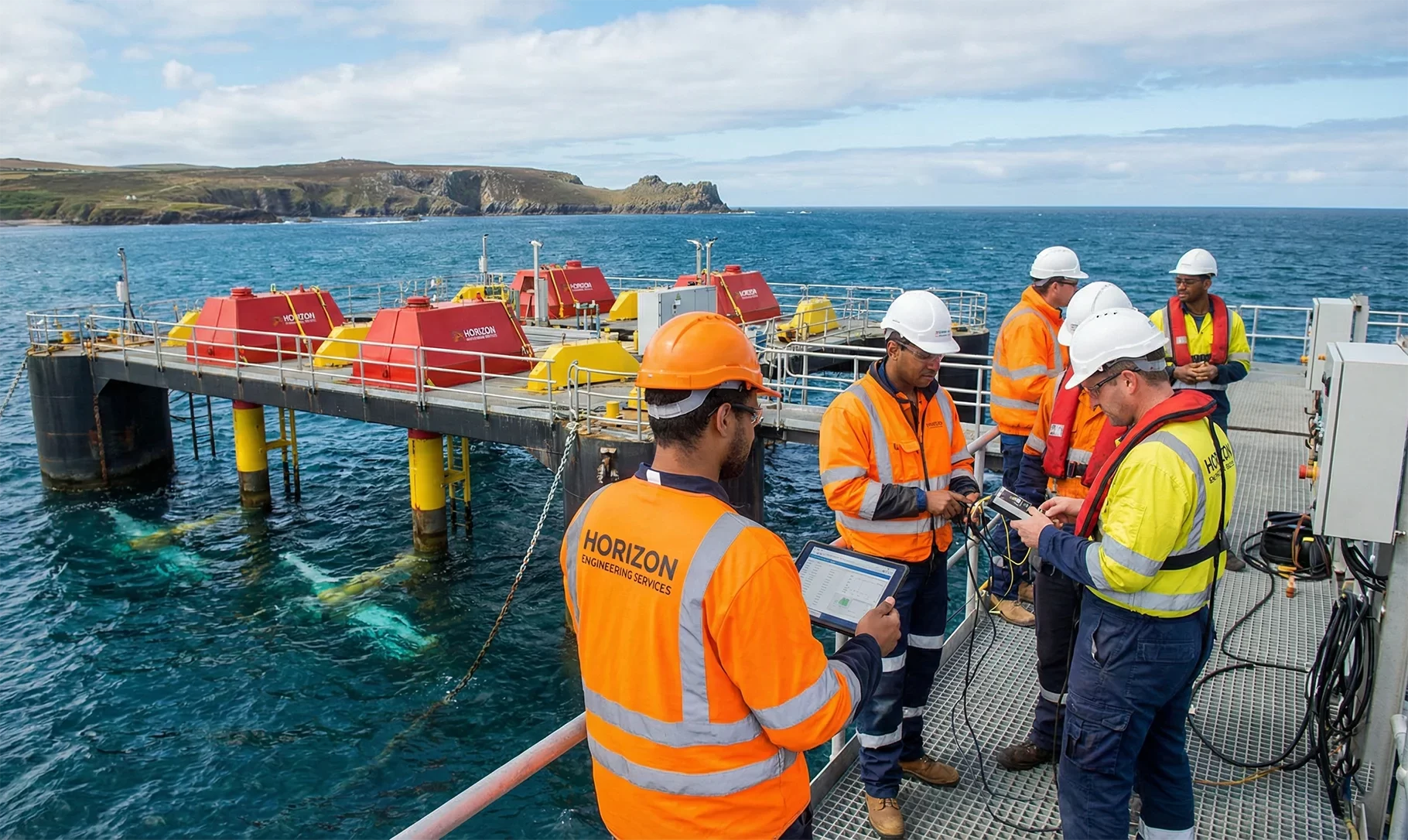 A multi-disciplinary team of engineers from Horizon Engineering and Services, wearing high-visibility PPE and hard hats, inspects monitoring equipment and reviews data on a tablet aboard a floating offshore renewable energy platform situated in blue ocean waters near a rugged coastline.