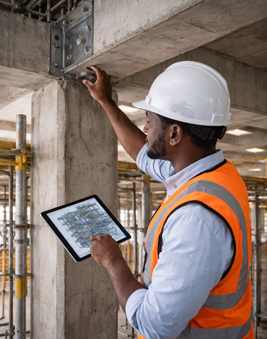 Structural engineer from Horizon Engineering and Services inspecting a concrete column and beam connection using a tablet and BIM model inside a multi storey building in DR Congo.