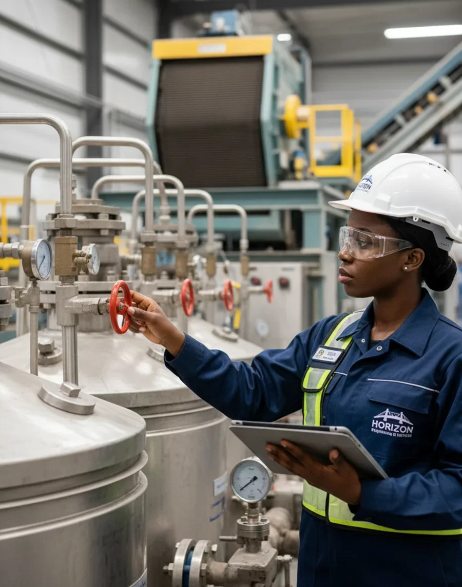 Plant operator in Horizon PPE inspecting control valves and flotation tanks at a mineral processing facility, demonstrating equipment maintenance and technical oversight