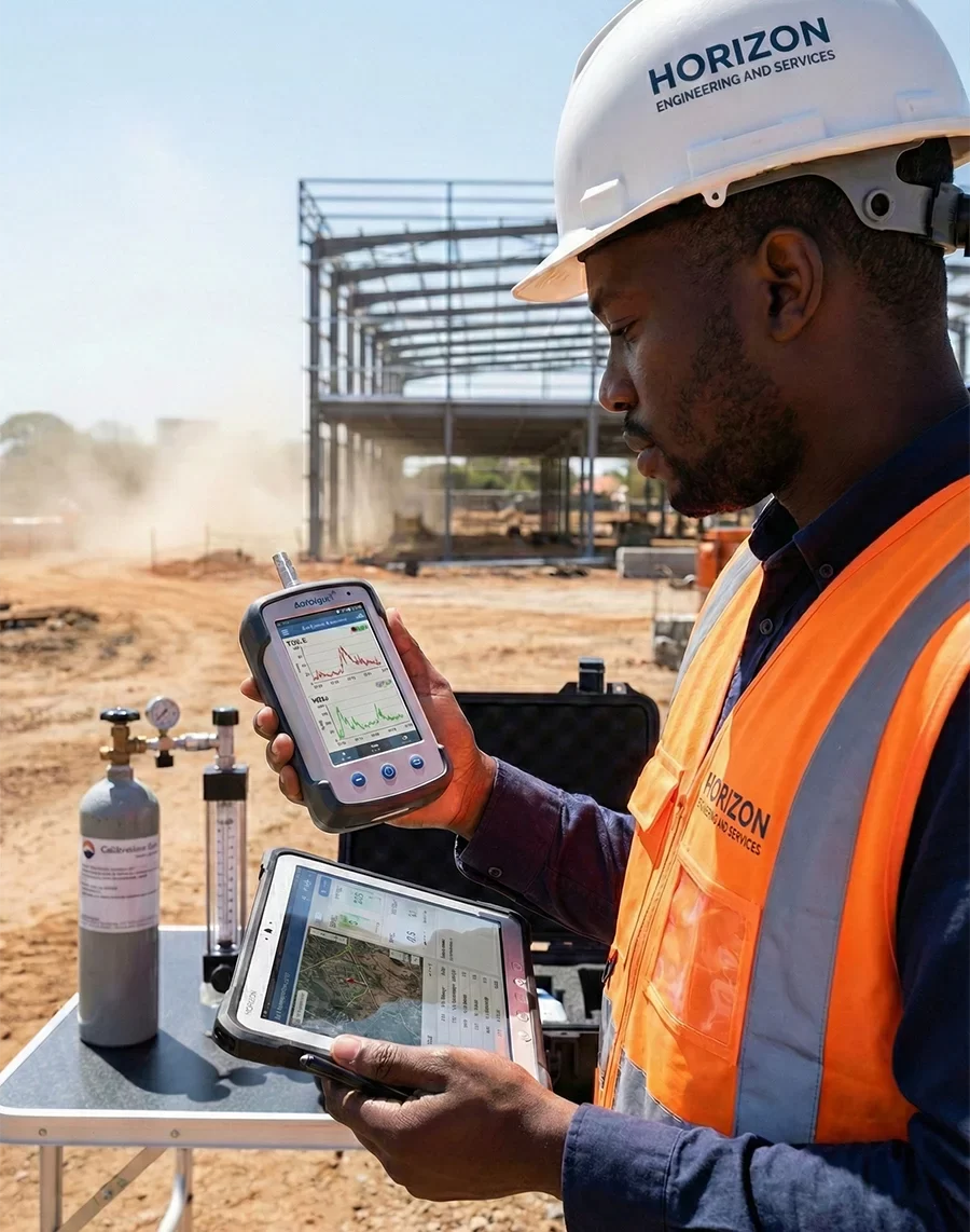 A male environmental engineer from Horizon Engineering and Services, wearing a branded white hard hat and orange safety vest, analyzes real-time data on a handheld air quality monitor and a tablet. In the background, a construction site with a steel building frame and dust clouds is visible, alongside calibration gas cylinders on a field table.